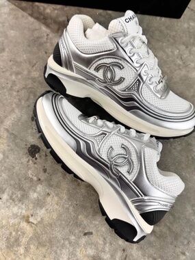 CHANEL Silver & White Platform Sneakers for Women